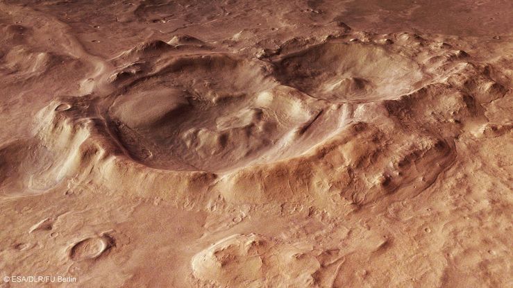 Mars, "Perspective view of craters within the Hellas Basin (14934509246)" by European Space Agency - Perspective view of craters within the Hellas Basin. Licensed under CC BY-SA 3.0-igo via Wikimedia Commons – link here 